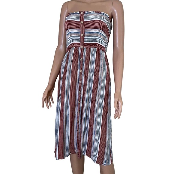 Becaal dress stripped strapless midi light weight brick white SZ SM swim/beach - Picture 2 of 10